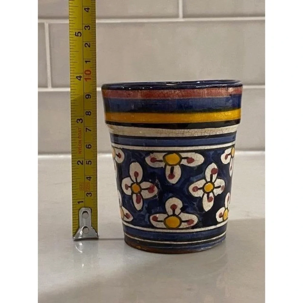 Safi Moroccan Pottery Planter Hand Painted Floral Vintage Blue Yellow